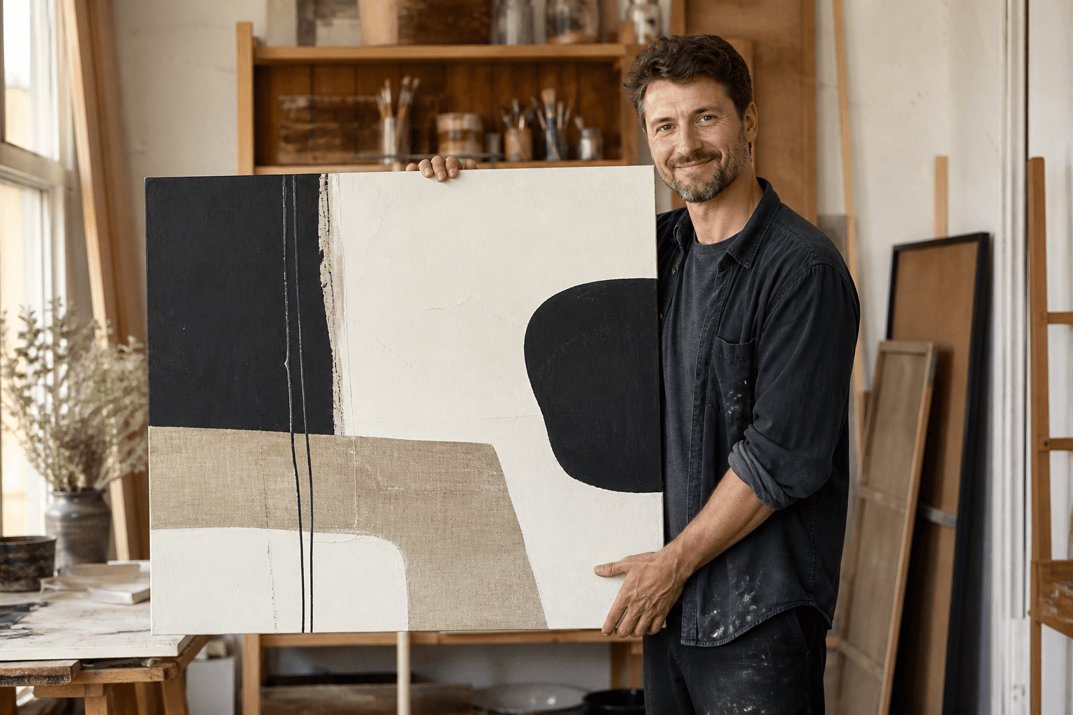 Minimal artwork styled in a warm neutral interior