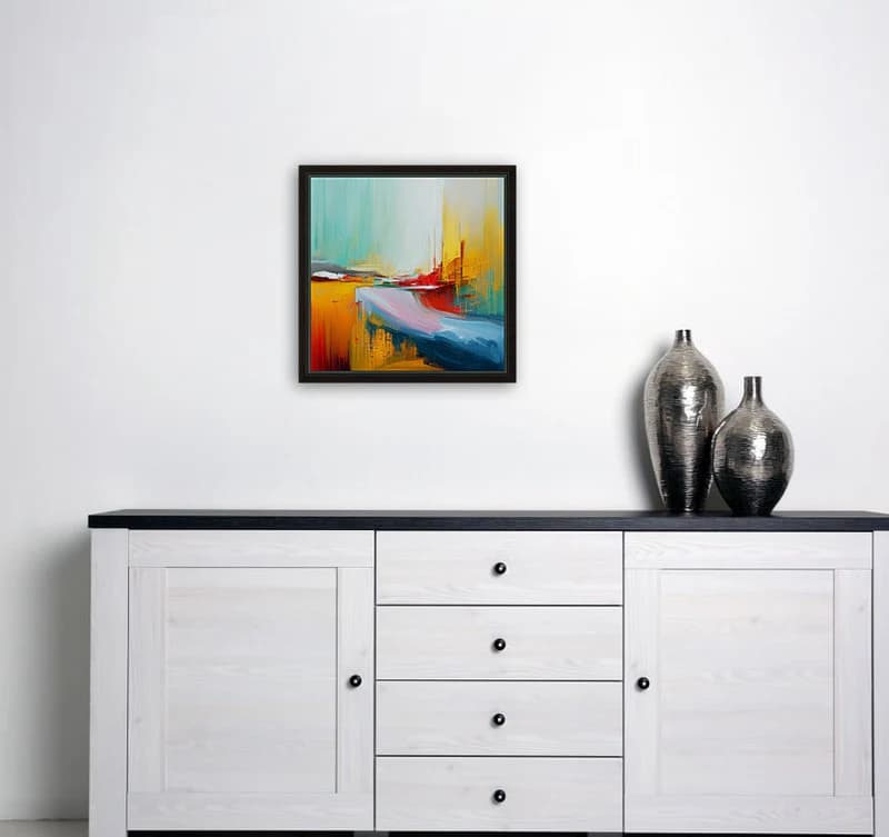 A clean room with canvas wall art in a black frame