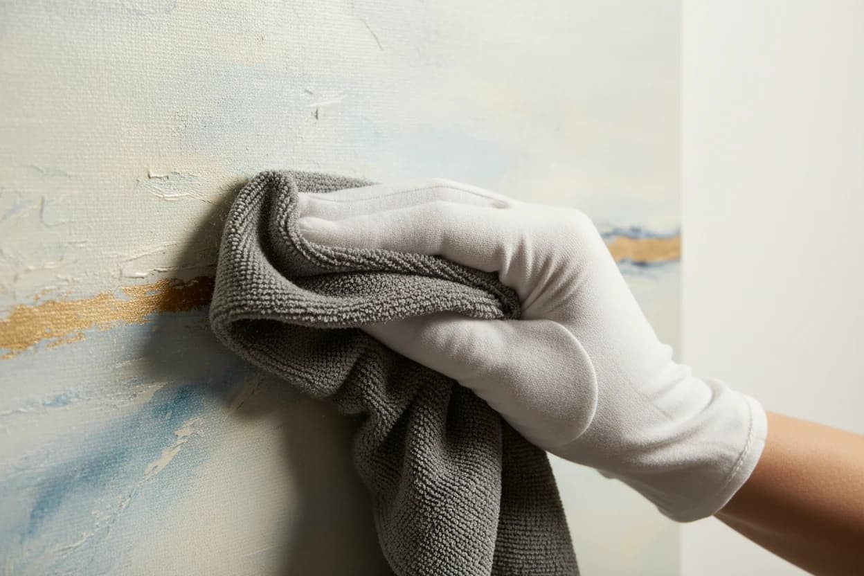 Wall art cleaning tools including a microfiber cloth and soft brush