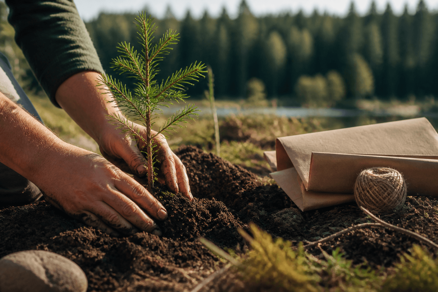 Hands planting a young tree near a Canadian woodland