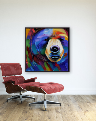 A striking piece of abstract bear canvas in black floating frame on wall.