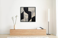Abstract black and beige canvas art with organic, textured shapes in a modern minimalist style.