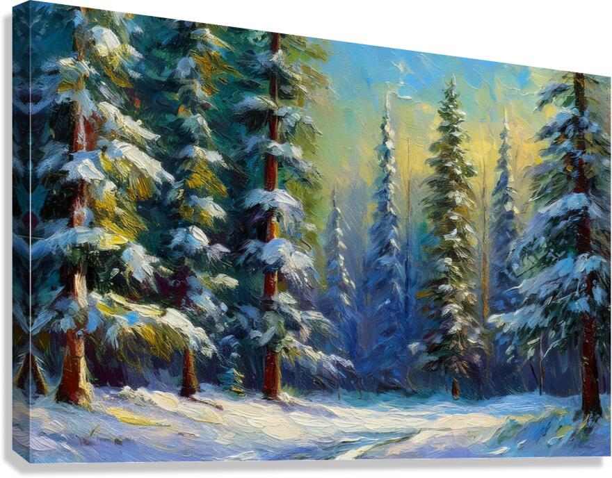 Snow-covered forest landscape with tall pine trees and soft winter light, painted in shades of blue, green, and gold
