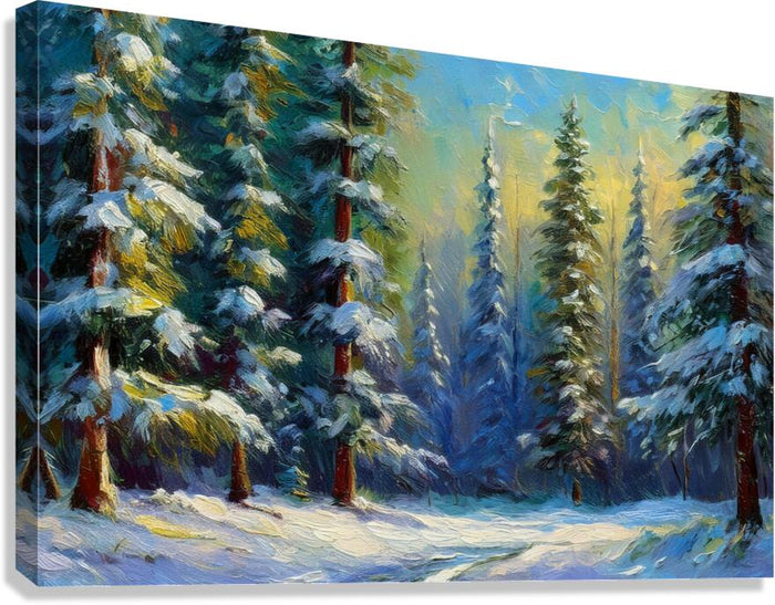 Snow-covered forest landscape with tall pine trees and soft winter light, painted in shades of blue, green, and gold