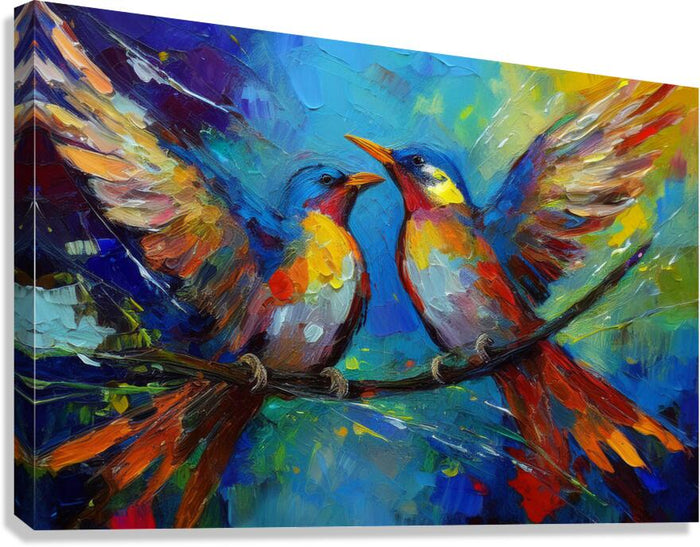 Vibrant lovebirds wall art canvas with bold, colorful abstract painting, perfect for modern home decor.
