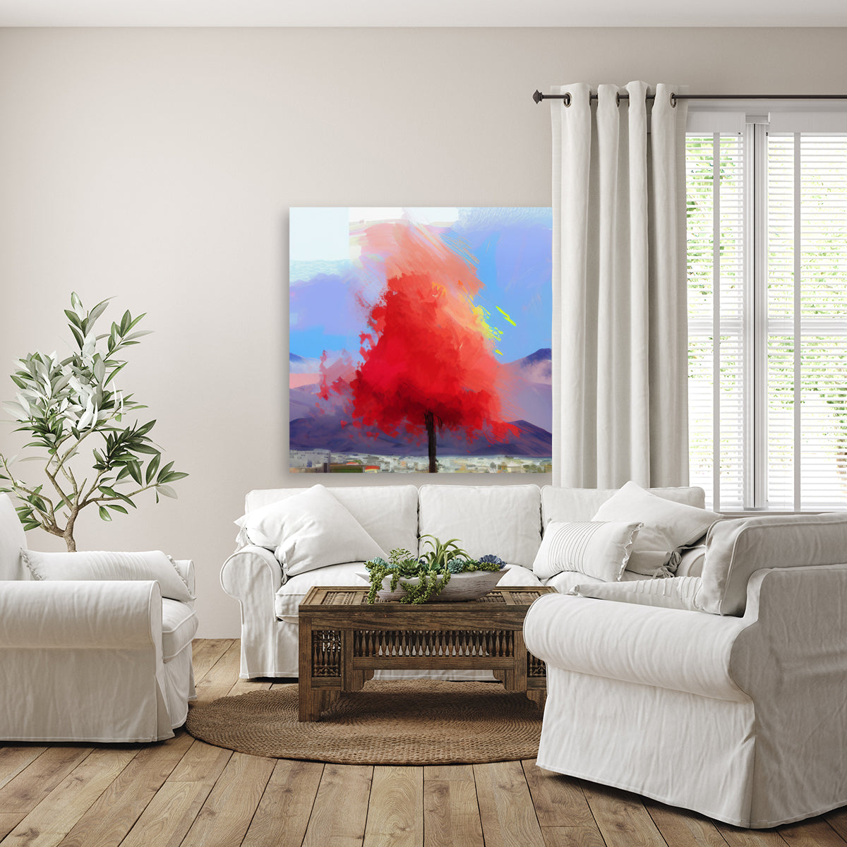 A captivating piece of red tree colorful wall art featuring a vibrant blend of fiery hues.